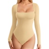 image:imageMANGOPOP Womens Square Neck Tank Top Bodysuit Sexy Double Lined Sleeveless Thong Body Suits Going Out TopsLong Sleeve Ochre
