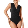 image:imageMANGOPOP Womens Wrap V Neck Ruched Sleeveless Thong Bodysuit Double Lined Fitted Tank Body Suit Top 202601 Black