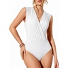 image:imageMANGOPOP Womens Wrap V Neck Ruched Sleeveless Thong Bodysuit Double Lined Fitted Tank Body Suit Top 202602 White