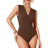 image:imageMANGOPOP Womens Wrap V Neck Ruched Sleeveless Thong Bodysuit Double Lined Fitted Tank Body Suit Top 2026Coffee
