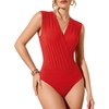 image:imageMANGOPOP Womens Wrap V Neck Ruched Sleeveless Thong Bodysuit Double Lined Fitted Tank Body Suit Top 2026Red