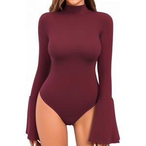 image:imageMANGOPOP Bell Sleeve Mock Neck Long Sleeve Bodysuit for Going Out Tops for WomenBurgundy