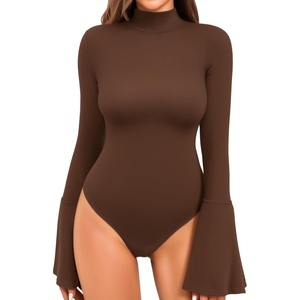 image:imageMANGOPOP Bell Sleeve Mock Neck Long Sleeve Bodysuit for Going Out Tops for WomenCoffee