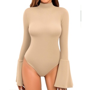 image:imageMANGOPOP Bell Sleeve Mock Neck Long Sleeve Bodysuit for Going Out Tops for WomenNude