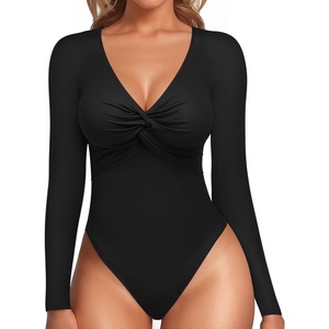 image:imageMANGOPOP Bodysuits for Women Deep V Neck Twist Knot Fitted Long Sleeve Bodysuit Basic Tops Casual T Shirts01 Black