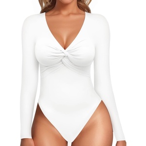 image:imageMANGOPOP Bodysuits for Women Deep V Neck Twist Knot Fitted Long Sleeve Bodysuit Basic Tops Casual T Shirts02 White