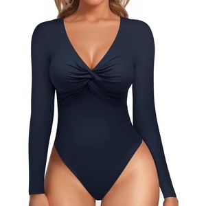 image:imageMANGOPOP Bodysuits for Women Deep V Neck Twist Knot Fitted Long Sleeve Bodysuit Basic Tops Casual T ShirtsDeep Blue