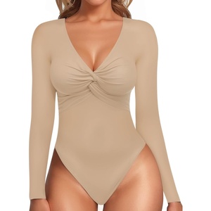image:imageMANGOPOP Bodysuits for Women Deep V Neck Twist Knot Fitted Long Sleeve Bodysuit Basic Tops Casual T ShirtsNude