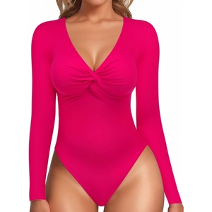 image:imageMANGOPOP Bodysuits for Women Deep V Neck Twist Knot Fitted Long Sleeve Bodysuit Basic Tops Casual T ShirtsRose Pink
