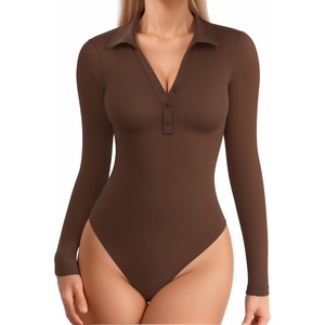 image:imageMANGOPOP Henley Bodysuit for Women Button Down Long Sleeve Tops Body Suits Dressy Blouse CasualCoffee