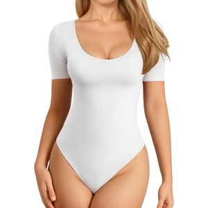 image:imageMANGOPOP Long Short Sleeve Bodysuits for Women Scoop Neck Ribbed Body Suit Stretchy Basic T Shirt TopsA02short Sleeve White