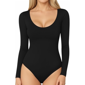 image:imageMANGOPOP Long Short Sleeve Bodysuits for Women Scoop Neck Ribbed Body Suit Stretchy Basic T Shirt TopsB01long Sleeve Black