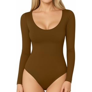 image:imageMANGOPOP Long Short Sleeve Bodysuits for Women Scoop Neck Ribbed Body Suit Stretchy Basic T Shirt TopsElong Sleeve Brown