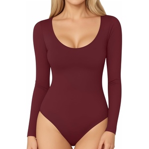 image:imageMANGOPOP Long Short Sleeve Bodysuits for Women Scoop Neck Ribbed Body Suit Stretchy Basic T Shirt TopsElong Sleeve Burgundy