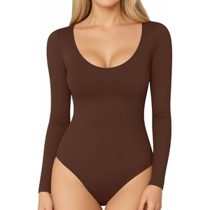 image:imageMANGOPOP Long Short Sleeve Bodysuits for Women Scoop Neck Ribbed Body Suit Stretchy Basic T Shirt TopsElong Sleeve Coffee