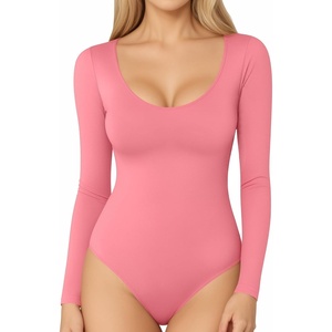 image:imageMANGOPOP Long Short Sleeve Bodysuits for Women Scoop Neck Ribbed Body Suit Stretchy Basic T Shirt TopsElong Sleeve Light Pink