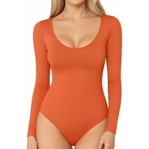 image:imageMANGOPOP Long Short Sleeve Bodysuits for Women Scoop Neck Ribbed Body Suit Stretchy Basic T Shirt TopsElong Sleeve Sorrel
