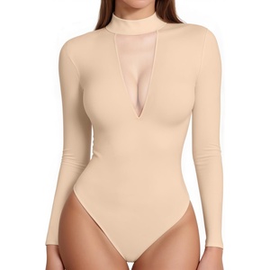 image:imageMANGOPOP Long Sleeve Body Suit Mock TurtleNeck Bodysuit for Women Mesh Deep V Bodysuit Tops03 Nude