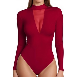 image:imageMANGOPOP Long Sleeve Body Suit Mock TurtleNeck Bodysuit for Women Mesh Deep V Bodysuit Tops04 Wine Red