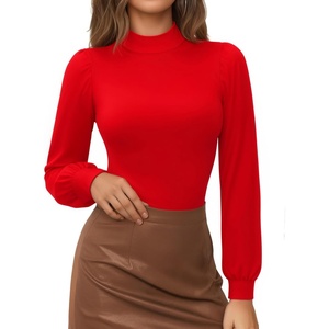 image:imageMANGOPOP Mock Neck Puff Sleeve Bodysuit Turtleneck Loose Lantern Long Sleeve Body Suit for Women for Going OutRed