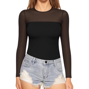 image:imageMANGOPOP Sheer Long Sleeve Shirts for Women Crew Neck Fitted Mesh Tops Trendy Going Out Fall Fashion Tee Tops 202601 Black