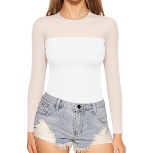 image:imageMANGOPOP Sheer Long Sleeve Shirts for Women Crew Neck Fitted Mesh Tops Trendy Going Out Fall Fashion Tee Tops 202602 White