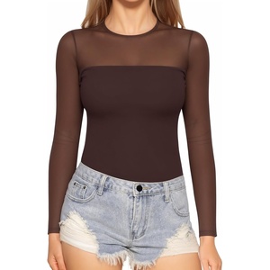 image:imageMANGOPOP Sheer Long Sleeve Shirts for Women Crew Neck Fitted Mesh Tops Trendy Going Out Fall Fashion Tee Tops 2026Brown