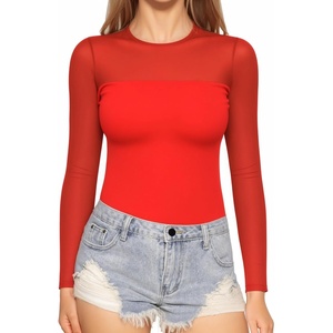 image:imageMANGOPOP Sheer Long Sleeve Shirts for Women Crew Neck Fitted Mesh Tops Trendy Going Out Fall Fashion Tee Tops 2026Red