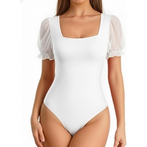 image:imageMANGOPOP Square Neck Long Sleeve Short Sleeve Bodysuit for Women Mesh Ruffle Sleeves Going Out Tops01 Short Sleeve White