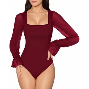 image:imageMANGOPOP Square Neck Long Sleeve Short Sleeve Bodysuit for Women Mesh Ruffle Sleeves Going Out Tops04 Long Sleeve Burgundy