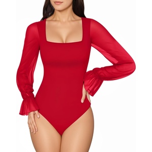 image:imageMANGOPOP Square Neck Long Sleeve Short Sleeve Bodysuit for Women Mesh Ruffle Sleeves Going Out Tops04 Long Sleeve Red
