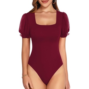 image:imageMANGOPOP Square Neck Long Sleeve Short Sleeve Bodysuit for Women Mesh Ruffle Sleeves Going Out TopsShort Sleeve Burgundy