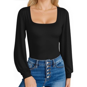 image:imageMANGOPOP Square Neck Puff Sleeve Bodysuit Loose Lantern Long Sleeve Body Suit for Women for Going Out01 Black