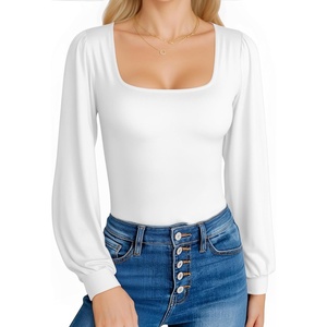 image:imageMANGOPOP Square Neck Puff Sleeve Bodysuit Loose Lantern Long Sleeve Body Suit for Women for Going Out02 White