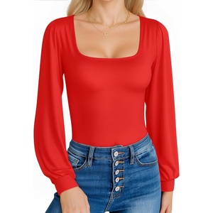 image:imageMANGOPOP Square Neck Puff Sleeve Bodysuit Loose Lantern Long Sleeve Body Suit for Women for Going Out03 Red