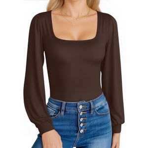 image:imageMANGOPOP Square Neck Puff Sleeve Bodysuit Loose Lantern Long Sleeve Body Suit for Women for Going OutCoffee