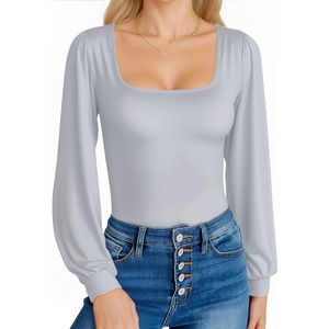 image:imageMANGOPOP Square Neck Puff Sleeve Bodysuit Loose Lantern Long Sleeve Body Suit for Women for Going OutElephant Grey