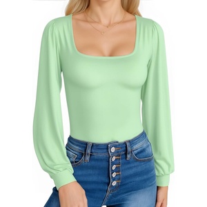 image:imageMANGOPOP Square Neck Puff Sleeve Bodysuit Loose Lantern Long Sleeve Body Suit for Women for Going OutFern Green