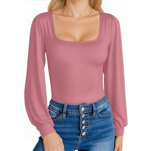 image:imageMANGOPOP Square Neck Puff Sleeve Bodysuit Loose Lantern Long Sleeve Body Suit for Women for Going OutMarsala