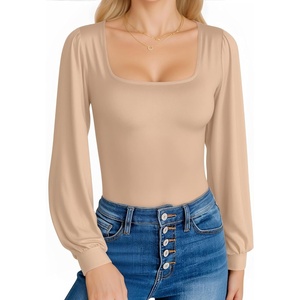 image:imageMANGOPOP Square Neck Puff Sleeve Bodysuit Loose Lantern Long Sleeve Body Suit for Women for Going OutNude