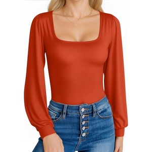 image:imageMANGOPOP Square Neck Puff Sleeve Bodysuit Loose Lantern Long Sleeve Body Suit for Women for Going OutSorrel