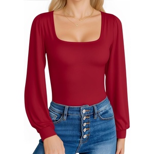image:imageMANGOPOP Square Neck Puff Sleeve Bodysuit Loose Lantern Long Sleeve Body Suit for Women for Going OutWine Red