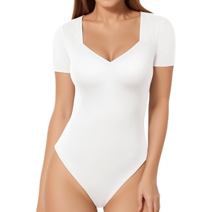 image:imageMANGOPOP Sweetheart V Neck Bodysuits for Women Long Short Sleeve Body Suits Tops ShirtA2 Short Sleeve White