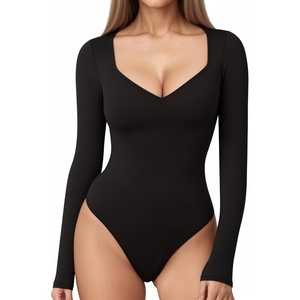 image:imageMANGOPOP Sweetheart V Neck Bodysuits for Women Long Short Sleeve Body Suits Tops ShirtB1 Long Sleeve Black