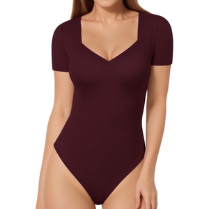 image:imageMANGOPOP Sweetheart V Neck Bodysuits for Women Long Short Sleeve Body Suits Tops ShirtD1 Short Sleeve Burgundy