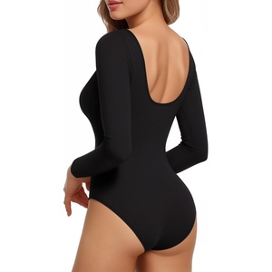 image:imageMANGOPOP Womens Backless Long Sleeve Bodysuit Boat Neck Y2K Body Suit Open Back Sexy Fall Basic Top01 Black