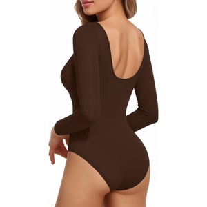 image:imageMANGOPOP Womens Backless Long Sleeve Bodysuit Boat Neck Y2K Body Suit Open Back Sexy Fall Basic TopCoffee