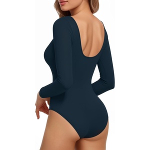 image:imageMANGOPOP Womens Backless Long Sleeve Bodysuit Boat Neck Y2K Body Suit Open Back Sexy Fall Basic TopDeep Blue