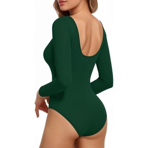 image:imageMANGOPOP Womens Backless Long Sleeve Bodysuit Boat Neck Y2K Body Suit Open Back Sexy Fall Basic TopDeep Green