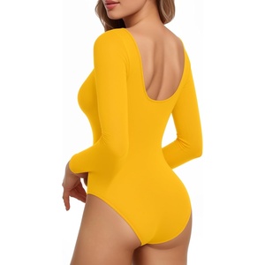 image:imageMANGOPOP Womens Backless Long Sleeve Bodysuit Boat Neck Y2K Body Suit Open Back Sexy Fall Basic TopYellow